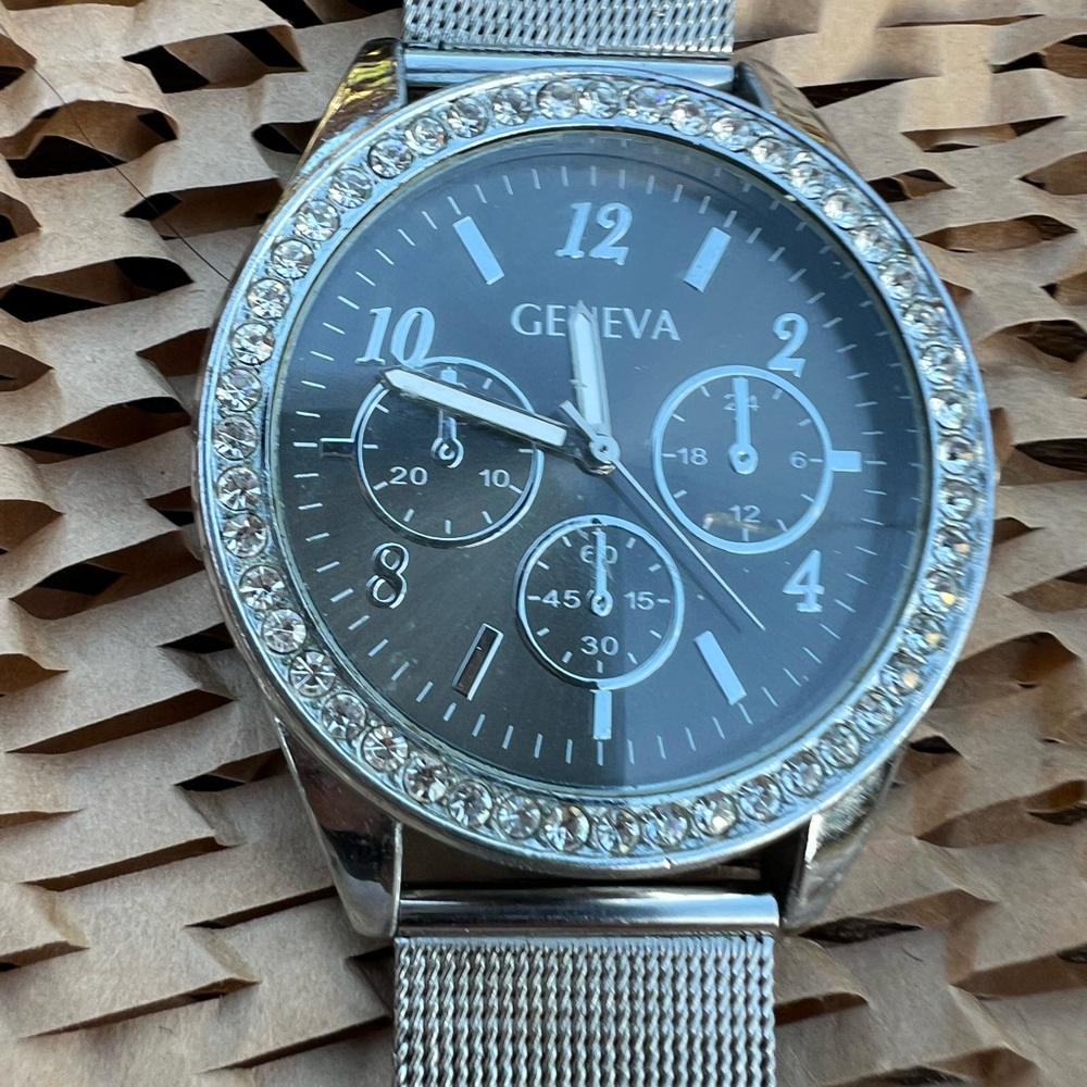 Geneva Silver Mesh Watch with Crystal Bezel